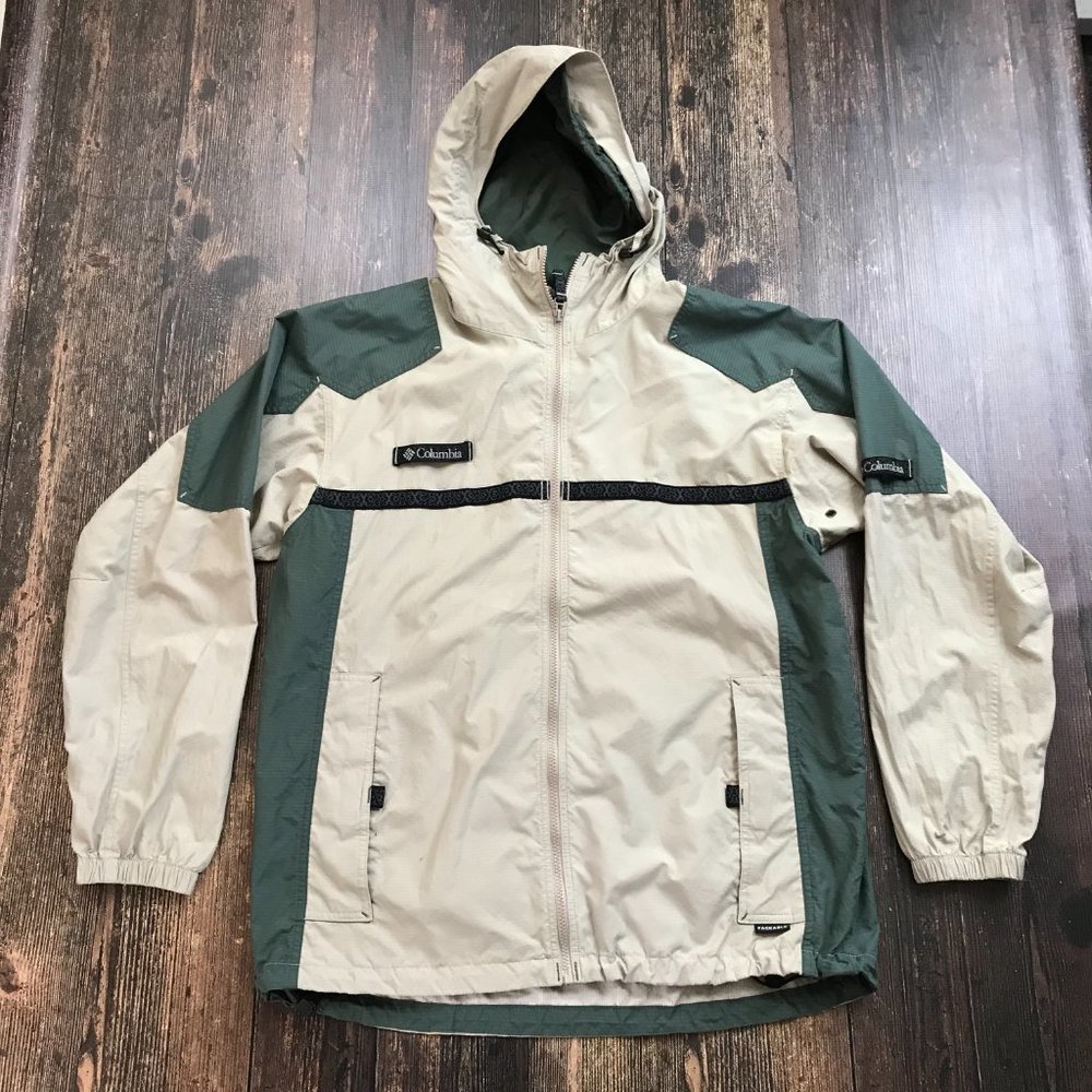COLUMBIA Zip Front Windbreaker Large Packable Lightweight Jacket Tan Sage Green